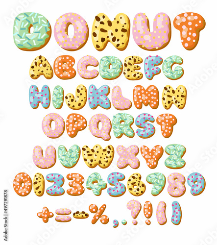 Letters and numbers in donut font vector illustrations set. Designs of alphabet letters and numbers from chocolate donuts or cookies with icing. Food, dessert, typography concept for bakery or cafe
