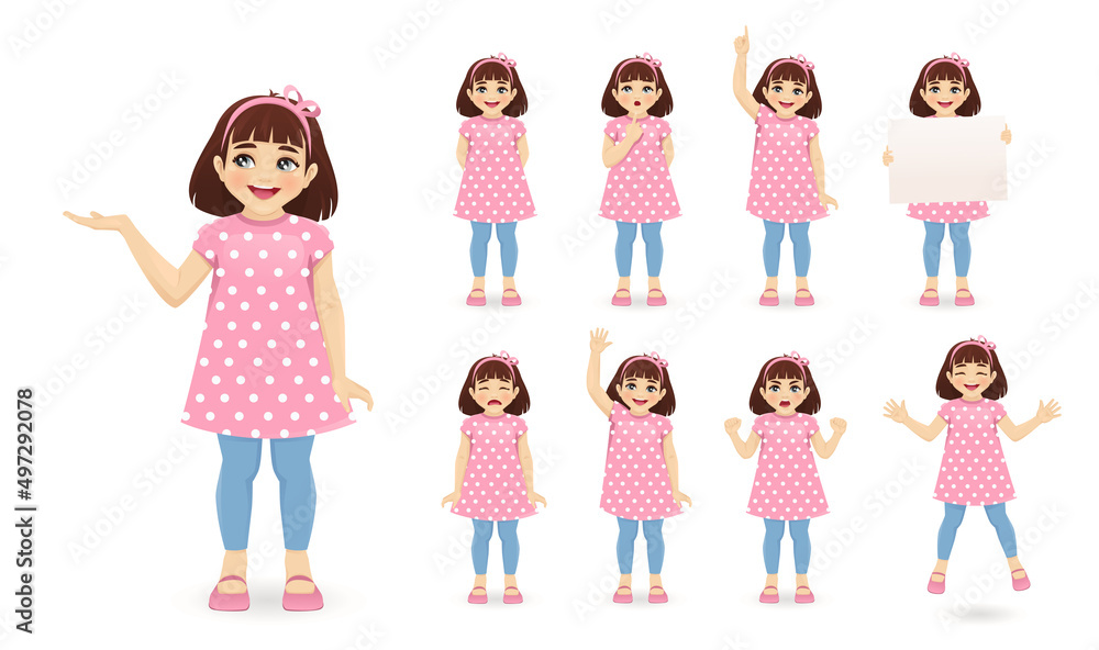 Smiling little girl in different poses set. Various kid gestures - showing, thinking, angry, crying, jumping, welcoming, holding blank board and making idea pointing up isolated vector illustration Smiling little girl in different poses set. Various kid gestures - showing, thinking, angry, crying, jumping, welcoming, holding blank board and making idea pointing up isolated vector illustration