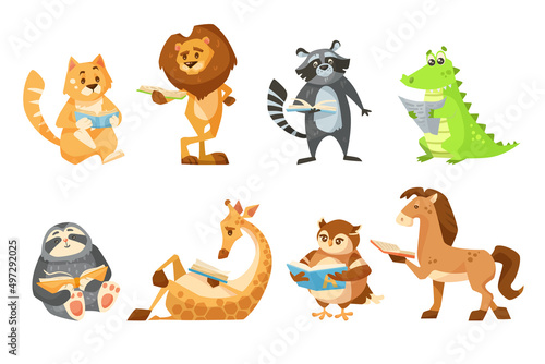 Cute animal cartoon characters reading vector illustrations set. Collection of drawings with smart comic alligator, giraffe, lion holding books isolated on white background. Library, wildlife concept