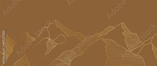 Abstract mountain landscape background. Luxury line art wallpaper with hills and sun in gold wave line. Elegant hand drawn mountains with watercolor texture for cover, banner, decoration, poster.