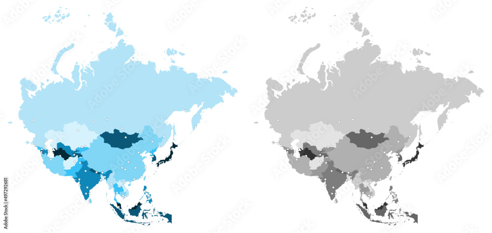 Obraz premium Asia Vector Map (including Russia, Central Asia countries) with capitals and major cities mapped (optionally). Asia Map. Asian Map
