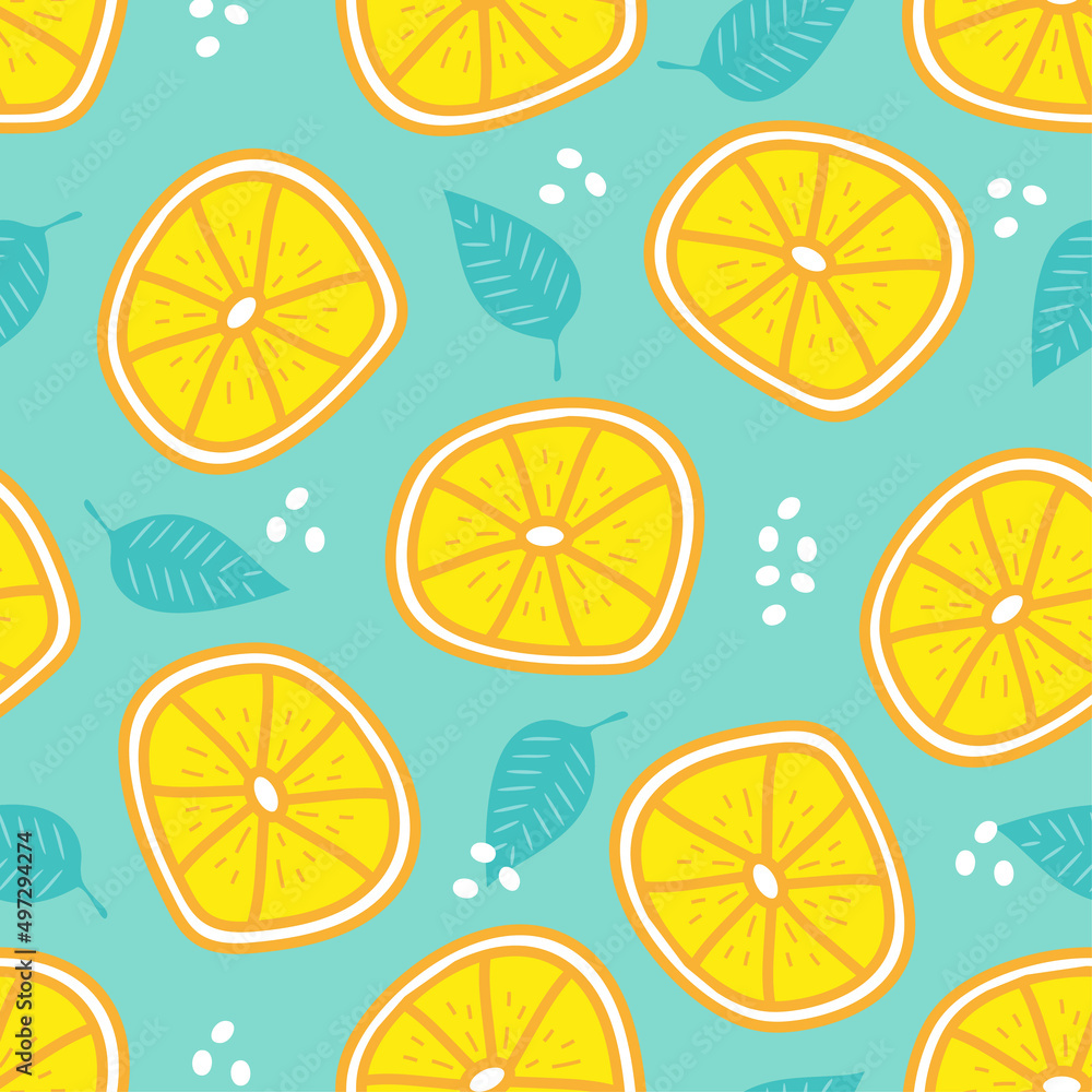 Lemon slice seamless pattern on turkuoise background. Hand drawn vector design. Good for textile print, poster, card, label, wrapping and wall paper. Lemon slice seamless pattern on turkuoise background. Hand drawn vector design. Good for textile print, poster, card, label, wrapping and wall paper.
