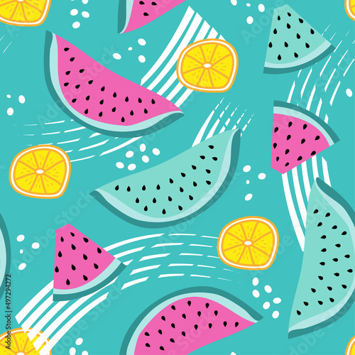 Fruits seamless pattern watermelonslice and citron on turquoise backgound. Good for textile print, poster, label, wrapping and wall paper. photo