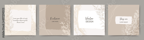 Social media post background, web banner template with floral sketch herb and ripped torn paper texture in neutral. Editable vector for card, cover, banner, invitation, poster, mobile apps, web ads