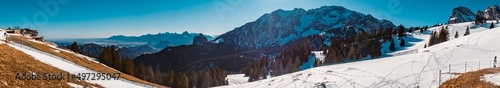 High resolution panorama with the famous Aggenstein summit in the background at Breitenberg  Bavaria  Germany