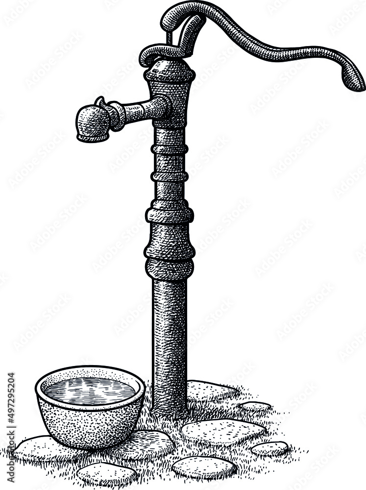 Hand water pump tap illustration, drawing, engraving, ink, line art