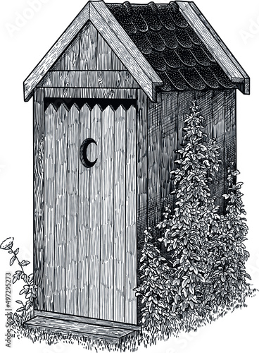 Fotografie, Tablou Outhouse illustration, drawing, engraving, ink, line art, vector