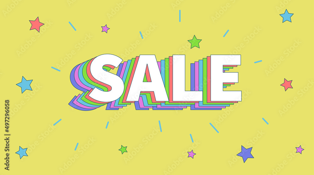 sale banner design with multicolor text on yellow background with stars. Design in the style of the 90s