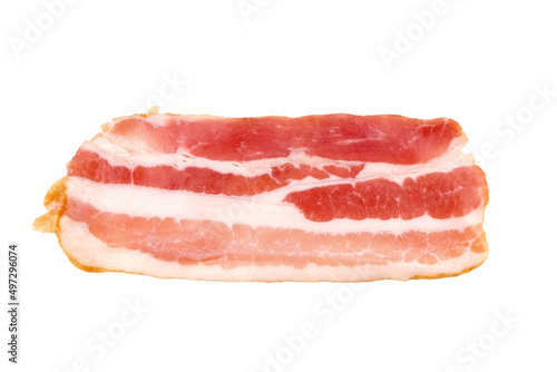 Bacon strip, raw smoked pork meat slice isolated on white