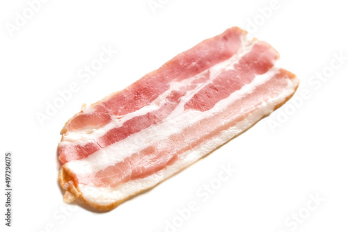 Bacon strip, raw smoked pork meat slice isolated on white