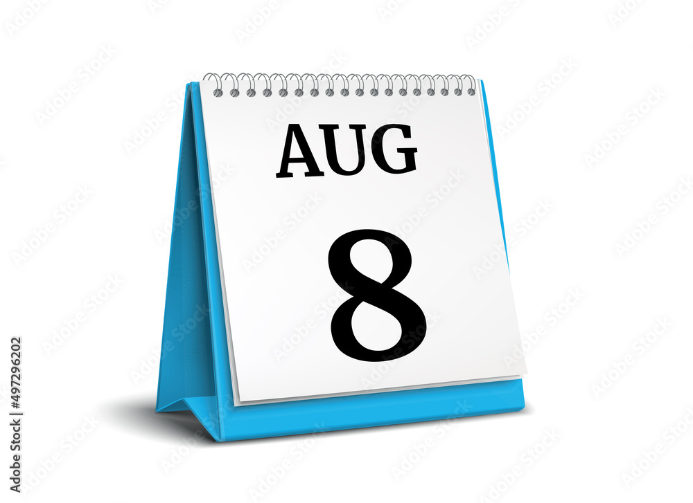 August 8. Calendar on white background. 3D illustration. August 8. Calendar on white background. 3D illustration.