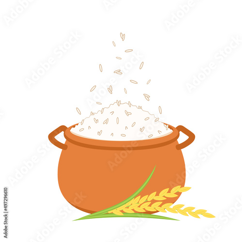 Cooking rice in earthen pot. Earth pot vector. Hot rice in Pot.