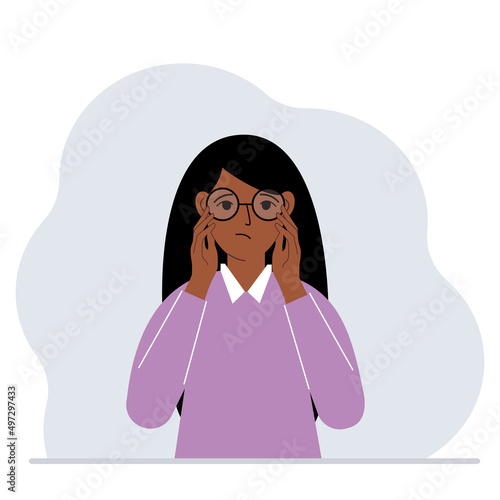 Sad woman with glasses. Vision problem concept. Vector