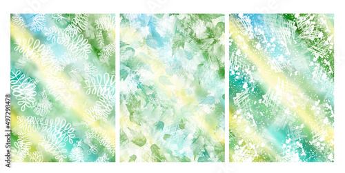 Floral grunge background for design. Set of backgrounds for invitations  cards  posters  wallpapers. Watercolor effect with patterns and textures. Blue  yellow  green gradient