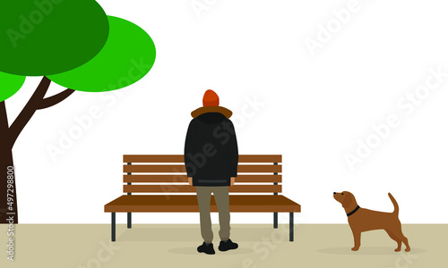 
Tree, bench, male character and dog on a white background