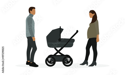 Male character and pregnant female character with baby stroller on white background