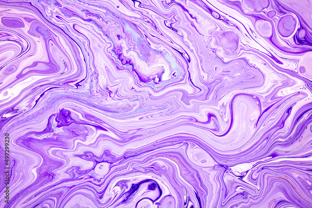 Fluid art texture. Backdrop with abstract swirling paint effect. Liquid acrylic picture with beautiful mixed paints. Can be used for interior poster. Purple and white overflowing colors. Fluid art texture. Backdrop with abstract swirling paint effect. Liquid acrylic picture with beautiful mixed paints. Can be used for interior poster. Purple and white overflowing colors.