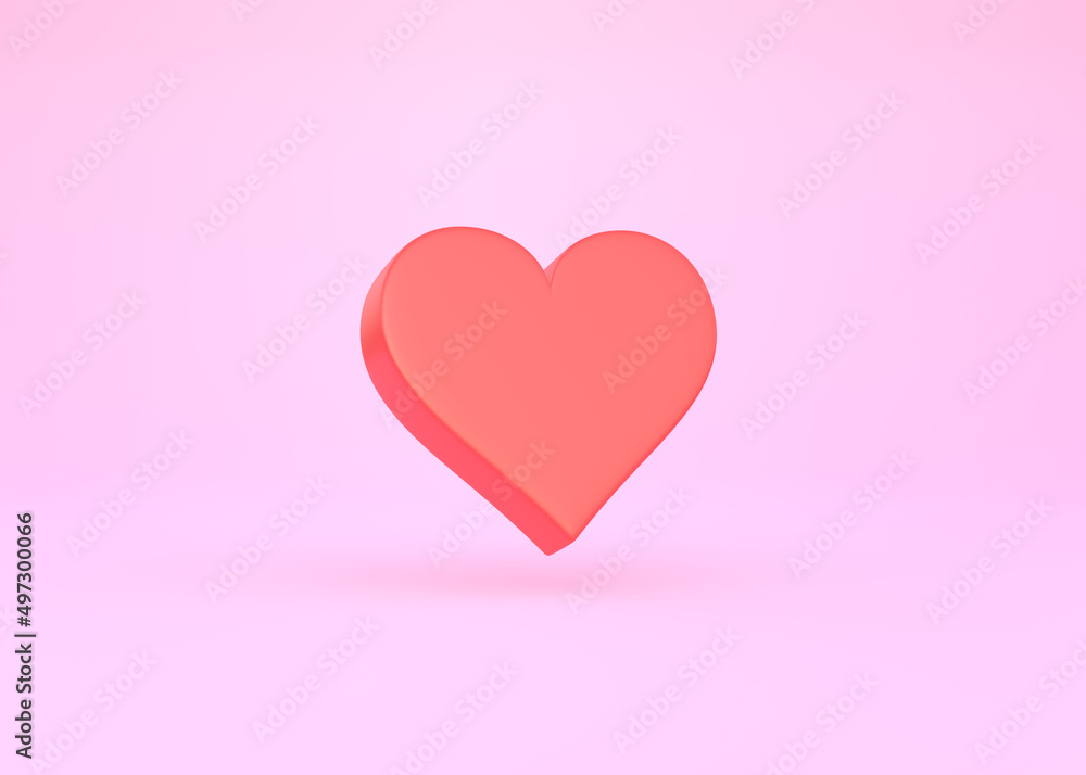 Red heart on pink background. Creative minimal concept. Like sign. 3D rendering, 3D illustration