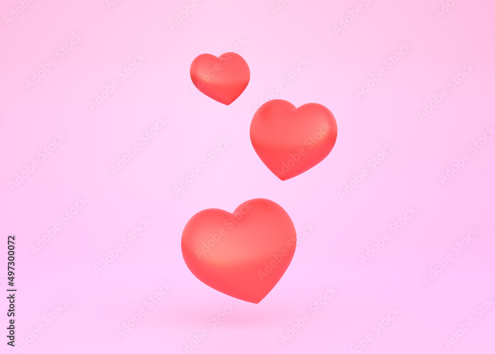 Red hearts on pink background. Creative minimal concept. Like sign. 3D rendering, 3D illustration