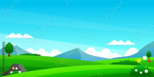 Nature landscape vector illustration with green meadow and blue sky suitable for background © Muhamad