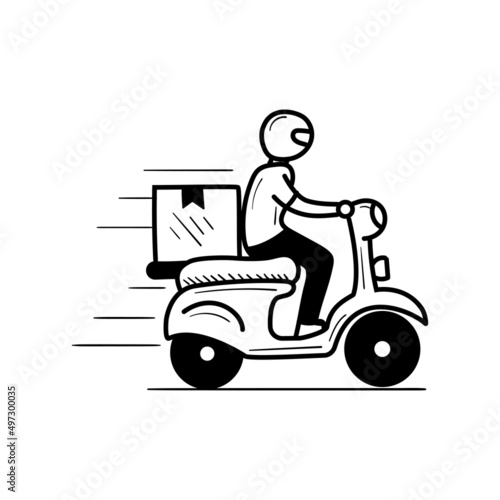 Delivery guy with motorcycle vector illustration in hand-drawn style isolated on white background