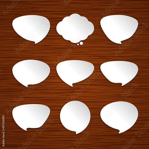 White conversational clouds vector banners. Polished blank chat and dialogue stickers on wooden background. Speech chatting sign with text message and discussion comment banner for social media.