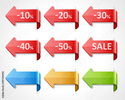 Arrows pointers discounts vector banner. Red curved clearance notice with web navigation. Blue creative invitation for holiday percentage reductions. Marketing signs of increasing profits and sales.
