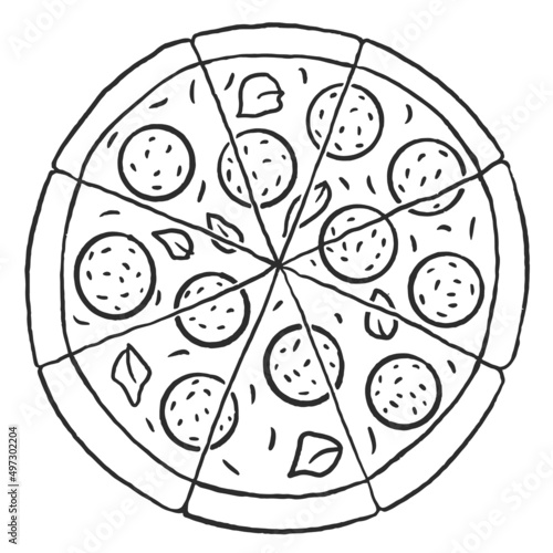Pepperoni pizza whole round Hand drawn doodle sketch isolated on white background. line Vector illustration