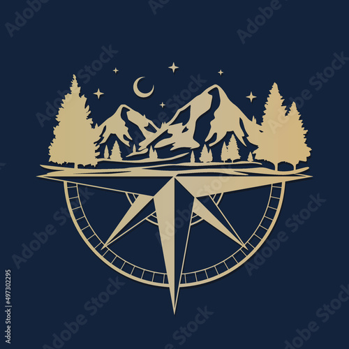 Mountain Compass Illustration Clip Art Design Shape. Travel Camping Silhouette Icon Vector.