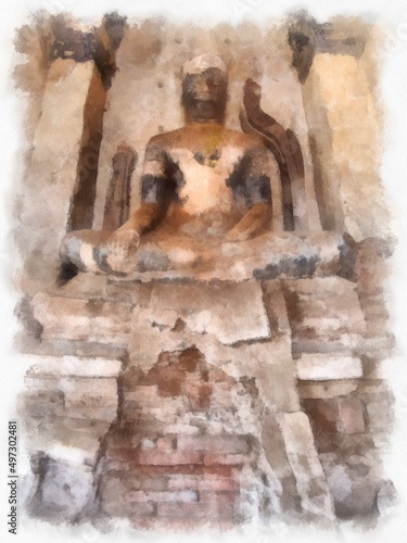 Landscape of ancient ruins in Ayutthaya World Heritage watercolor painting impressionist painting.