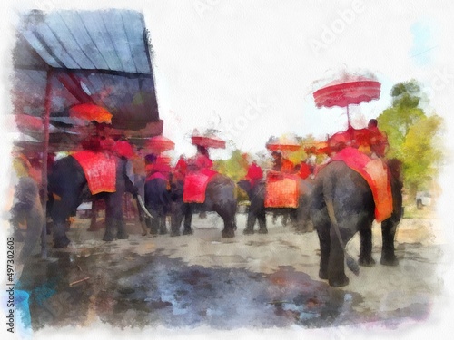 Elephants for transporting tourists in Ayutthaya in Thailand watercolor style illustration impressionist painting. © Kittipong