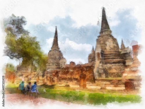 Landscape of ancient ruins in Ayutthaya World Heritage watercolor painting impressionist painting.