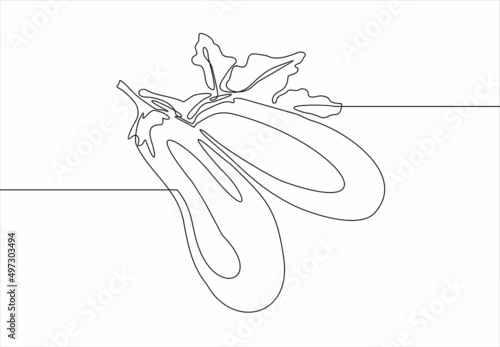 Continuous line drawing whole healthy organic eggplant for farm logo identity. One line