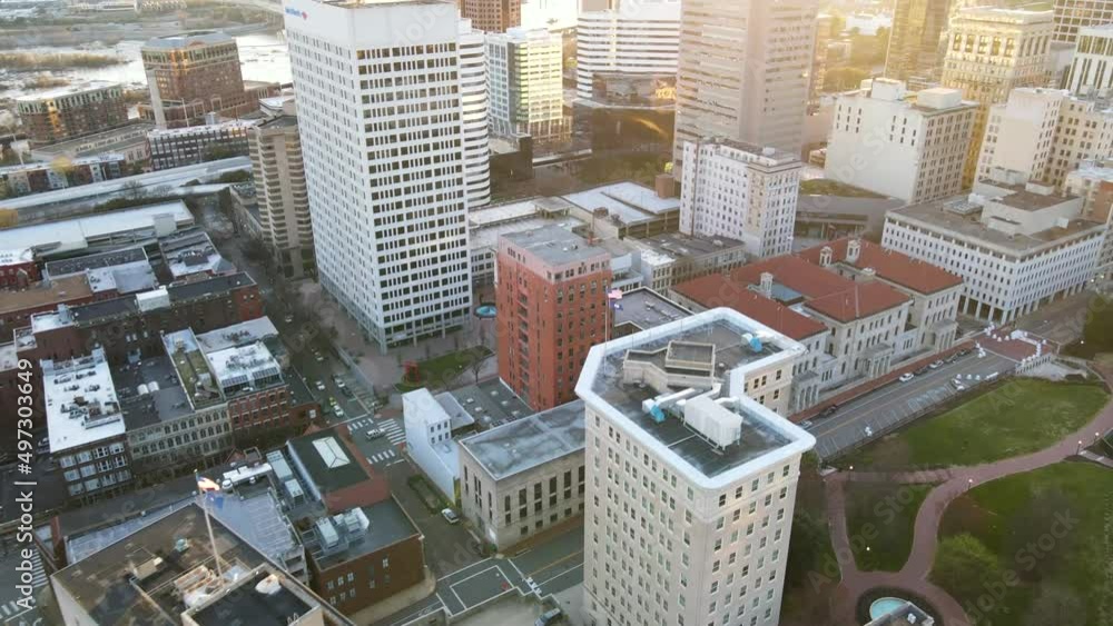 Downtown Overlooking the James River at Golden Hour in Richmond, Virginia (USA) | Aerial View Panning Up | Winter 2022 Downtown Overlooking the James River at Golden Hour in Richmond, Virginia (USA) | Aerial View Panning Up | Winter 2022