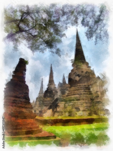 Landscape of ancient ruins in Ayutthaya World Heritage watercolor painting impressionist painting.