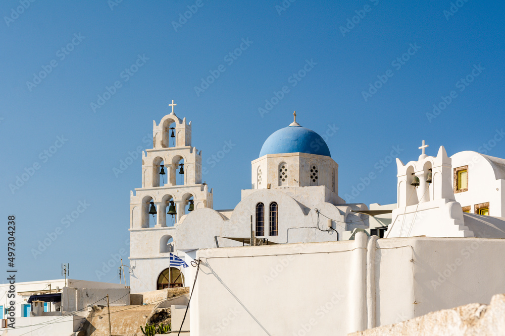 Church in Pyrgos, the most picturesque village of Santorini. Cyclades Islands, Greece