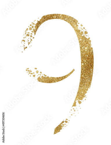 Golden glitter number 9 with dispersion effect isolated illustration