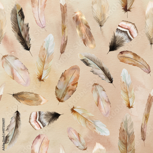 Watercolor seamless pattern made of brown and beige feathers, Bohemian element illustration isolated