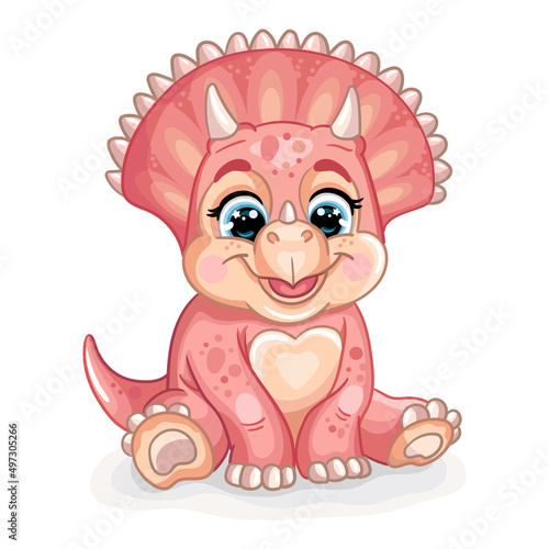 Cute cartoon pink baby triceratops vector isolated illustration