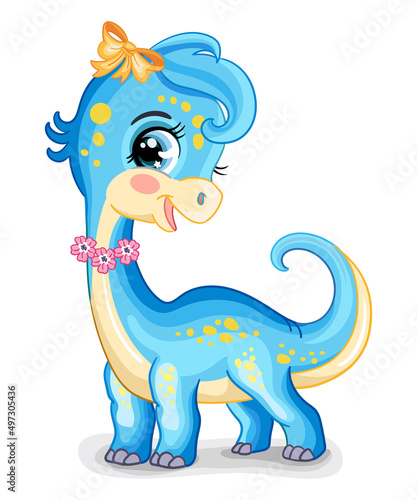 Cute cartoon blue diplodocus girl vector isolated illustration