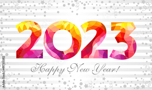 Stained-glass fiery and flamy red digits 2023 on snowy white bg. Merry Christmas and A Happy New Year congrats. Isolated abstract graphic design template. Beautiful decorative holiday Internet poster.