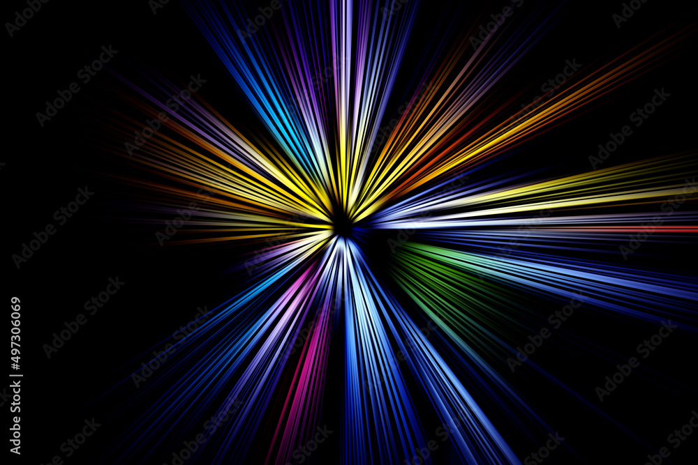 Abstract surface of blur radial zoom in multicolored colors on a black background. Bright colorful background with radial, diverging, converging lines Abstract surface of blur radial zoom in multicolored colors on a black background. Bright colorful background with radial, diverging, converging lines