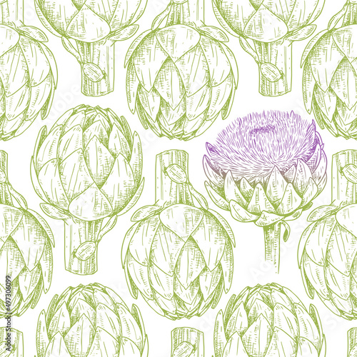 Hand drawn artichoke. Vector seamless pattern. For kitchen design, food packaging, textiles.