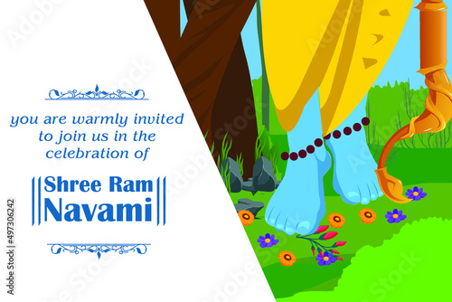 Shree Ram Navami illustration with Rama's feet with forest background for Shree Ram Navami celebration, religious holiday of India