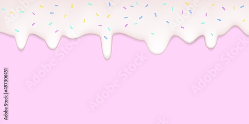 Realistic drip cream drops with sprinkles on pink background.