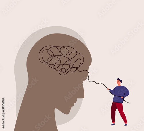 Metaphor of psychoanalysis. Unraveling the tangle of depressive and confused thoughts. Help of a psychiatrist in the treatment of anxiety disorders and phobias. Flat vector illustration. The man pulls