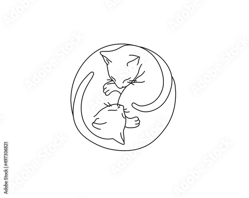 Vector isolated cute cartoon two cats sleeping in waltz position like ying yang colorless black and white contour line doodle drawing