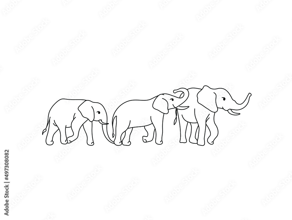 Vector isolated cute cartoon three elephants family colorless black and  white contour line drawing Stock Vector | Adobe Stock