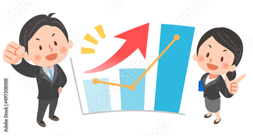 ビジネスマン男女と右肩上がりの棒グラフ