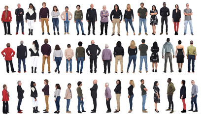 front, back and side view of same group of people on white background